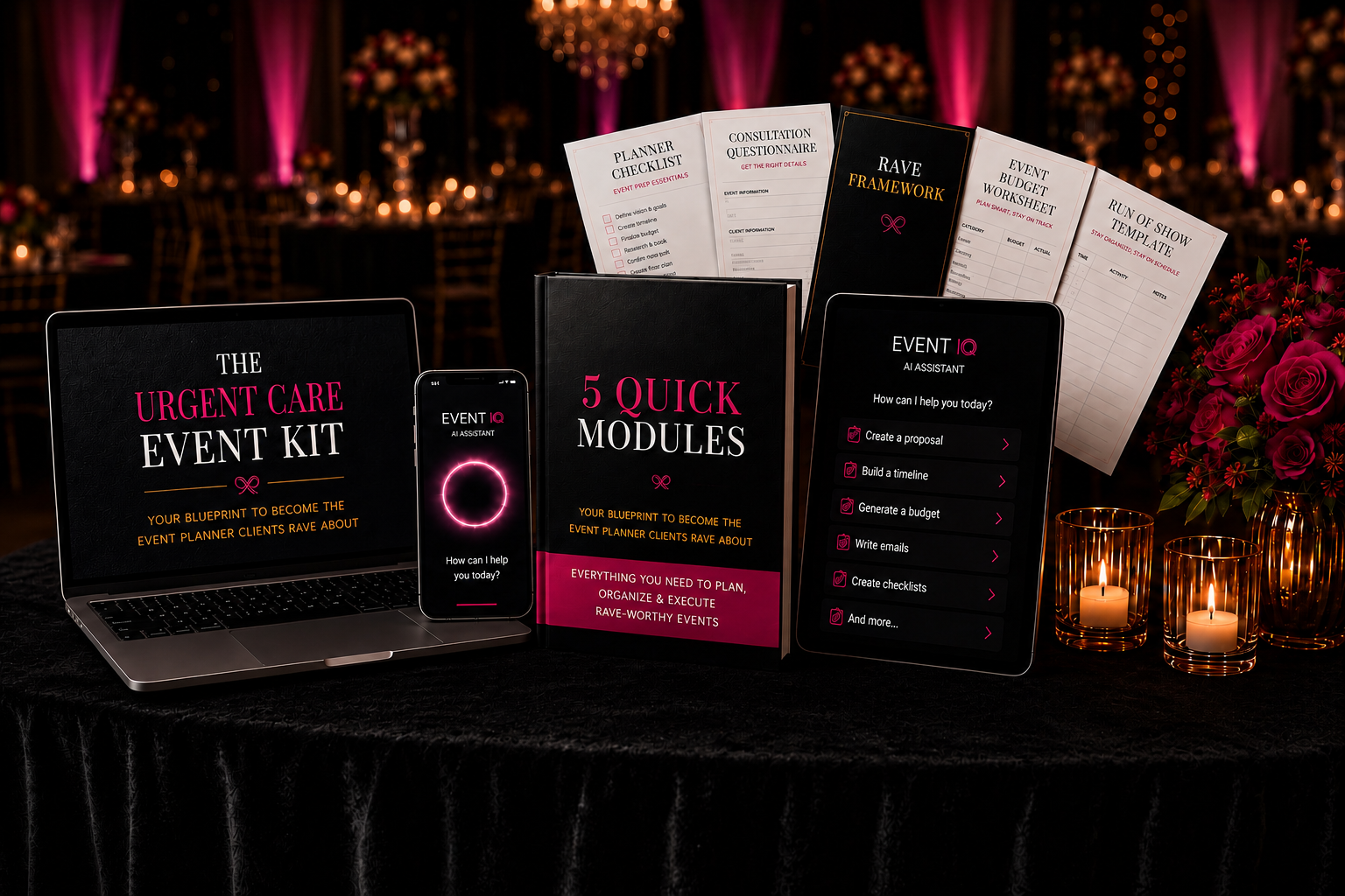 The Urgent Care Event Kit product bundle — laptop, phone, guidebook, tablet, templates, and checklists displayed in an elegant event setting